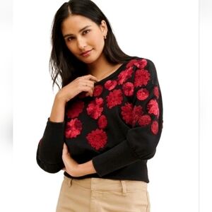 Anthropologie Maeve  Embroidered Black Sweatshirt Floral Boho Pullover Sz: XS